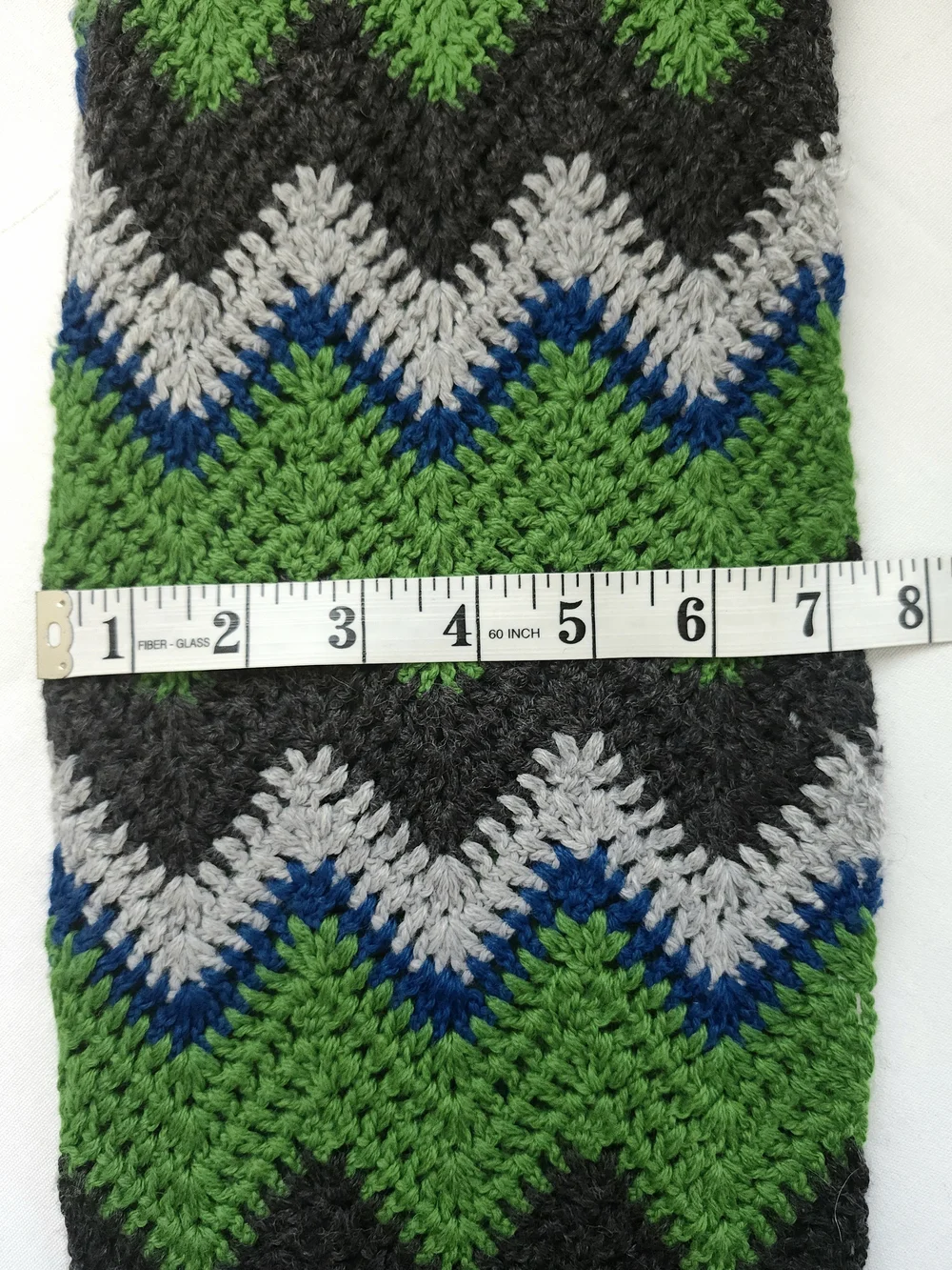 RL Polo Vintage Long Green Chevron Crochet Scarf With Blue Black & Gray 7.5x74